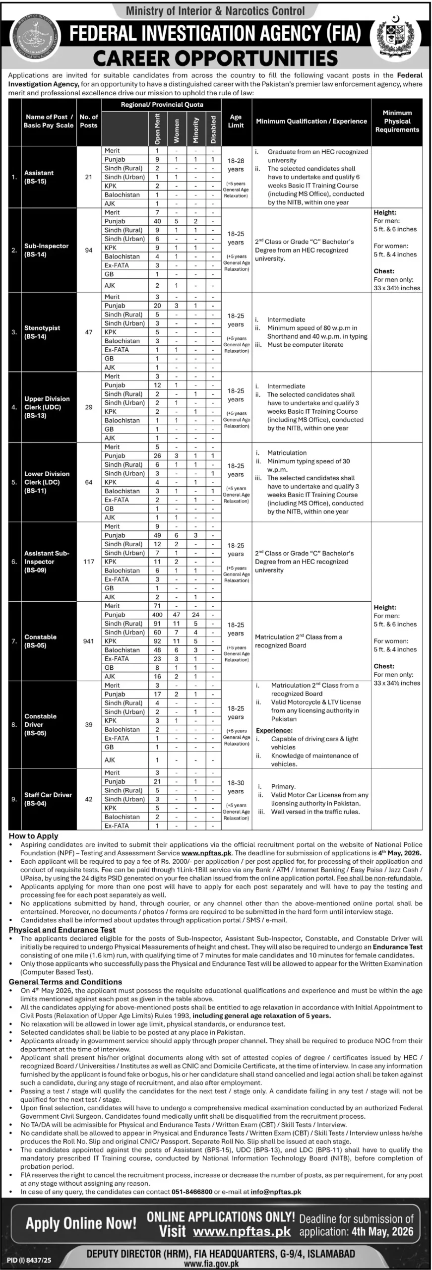 FIA Islamabad Official Job Advertisement